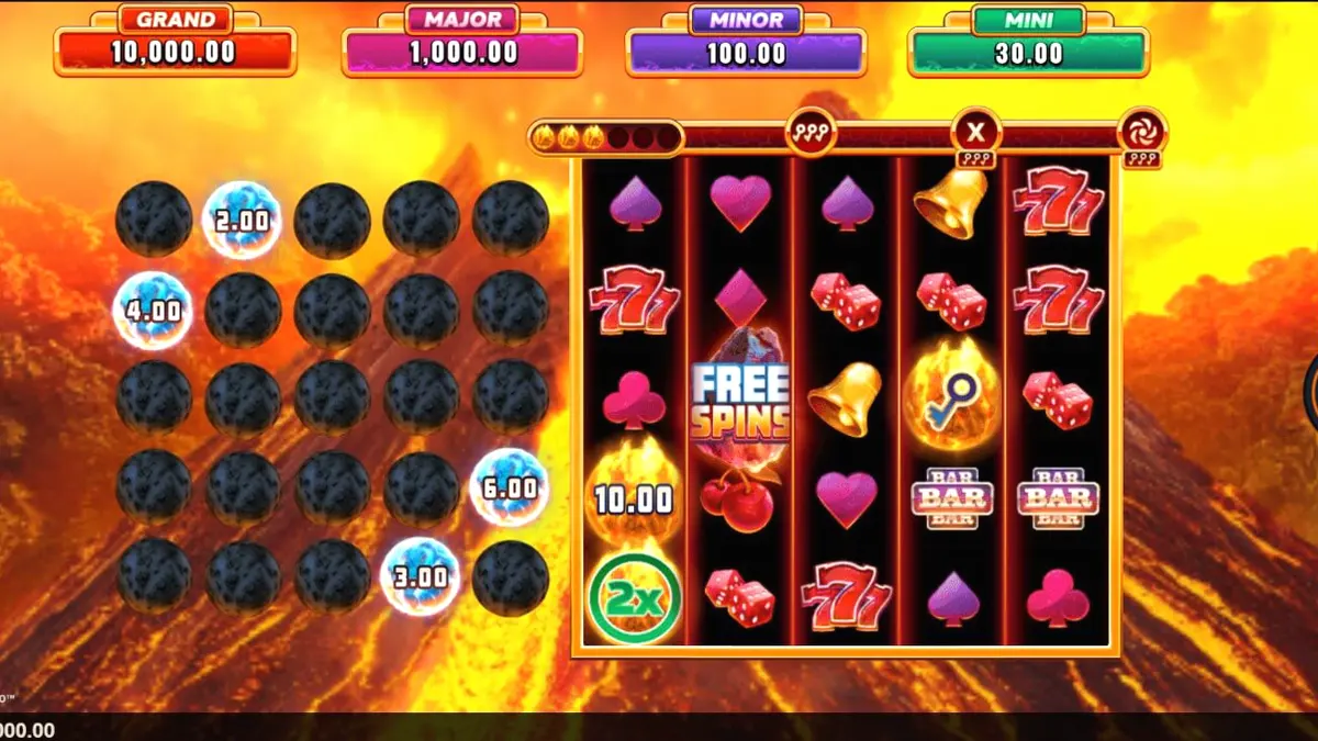 Eruption Blaze Cashingo slot machine interface with volcanic theme