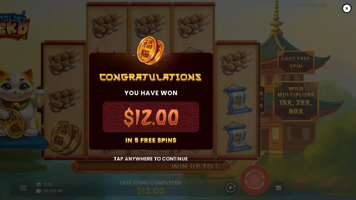 Tampilan visual slot Monoliet Neko dengan tema kucing keberuntungan dan simbol emas.