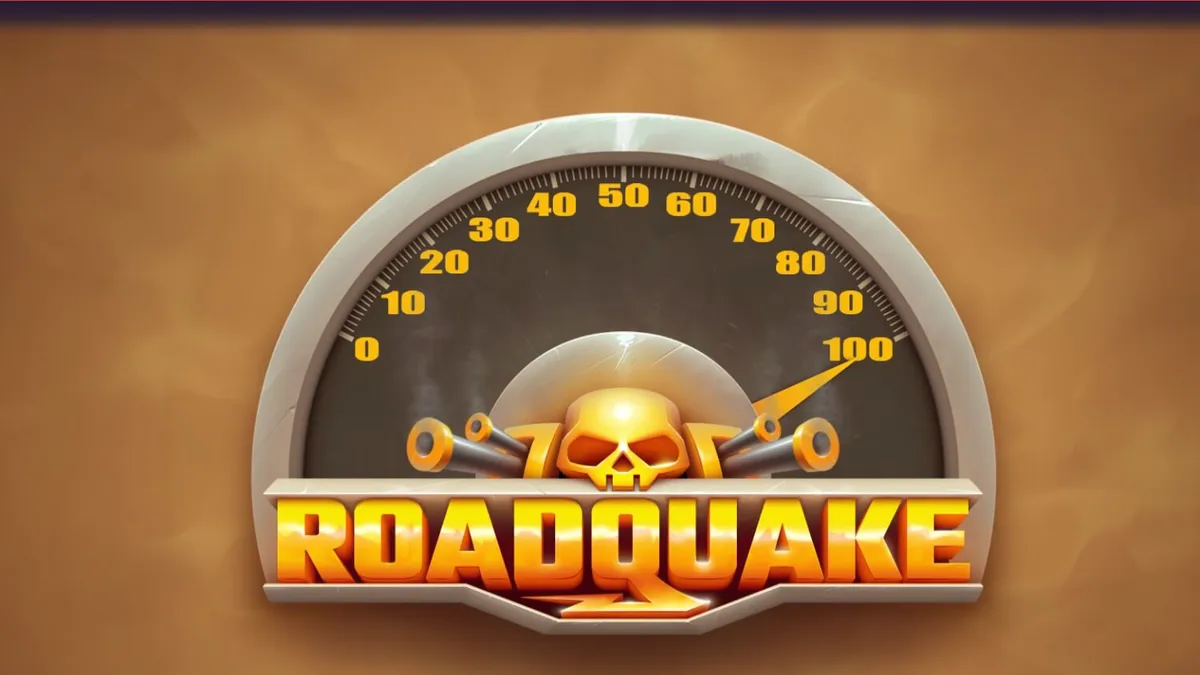 Aksi penuh ledakan di slot Roadquake dengan latar belakang gurun pasca-apokaliptik